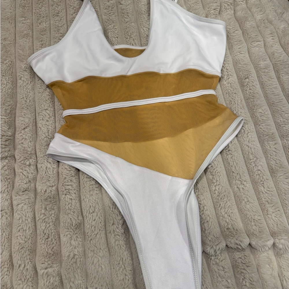 White One-Piece Swimsuit with Nude Mesh Panels